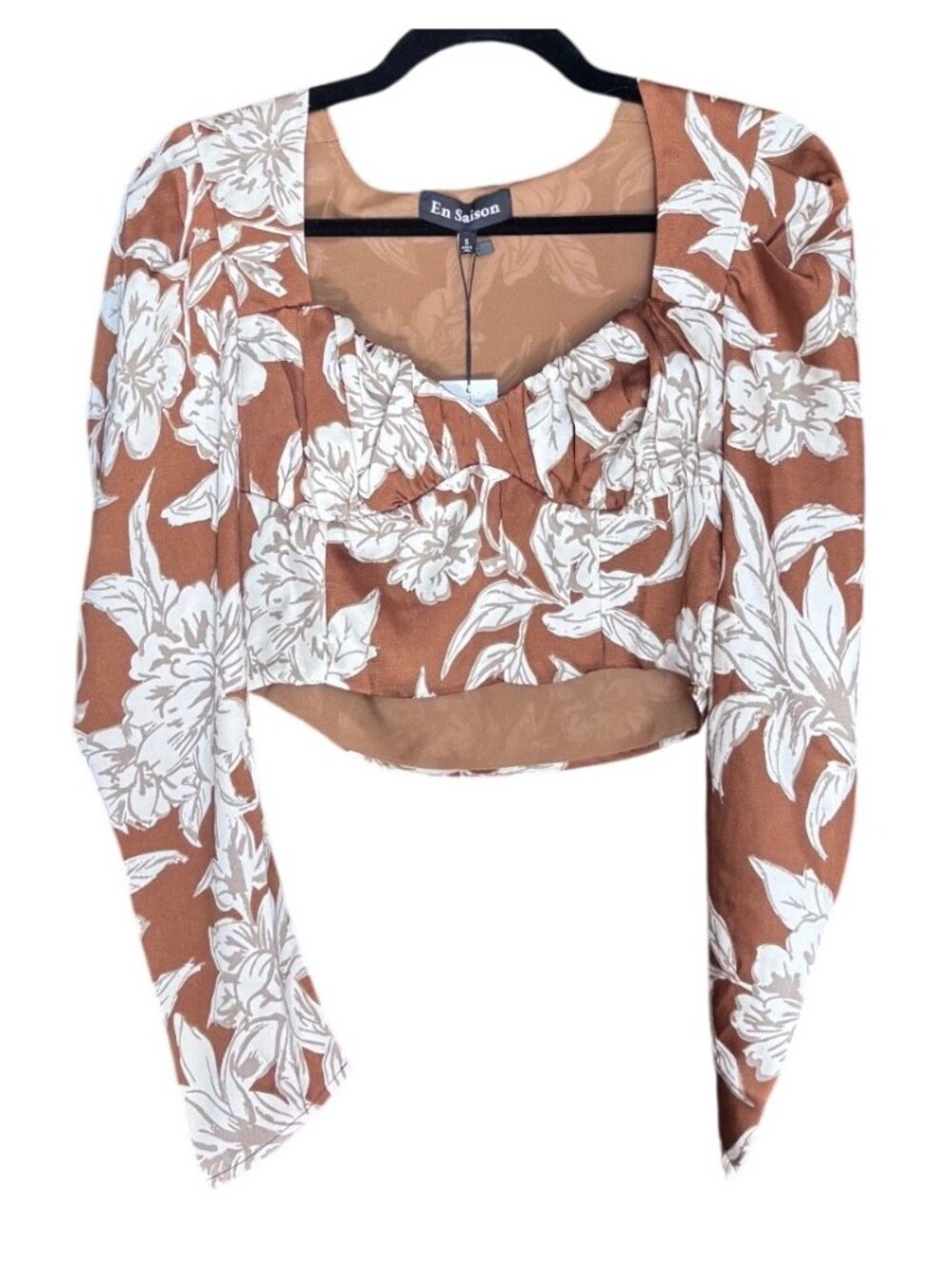 En Saison Isadora Cropped Blouse Brown Floral Print Size Small New With Tags